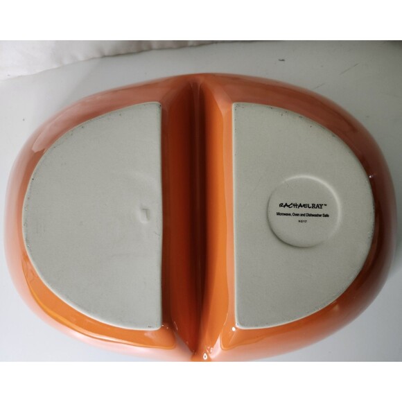 Rachael Ray 14” Ceramic Divided Baker / Server Oval Dish Handles Orange H017 - Picture 2 of 3